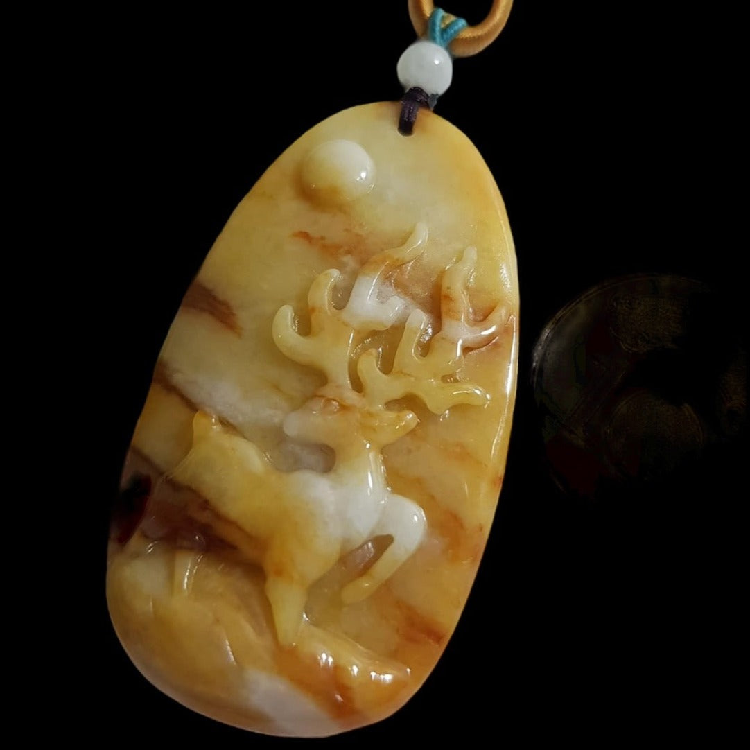 #137 Mason-Kay Certified Yellow/Red Natural Burma Jadeite Jade Sunset Deer 一路(鹿)有你