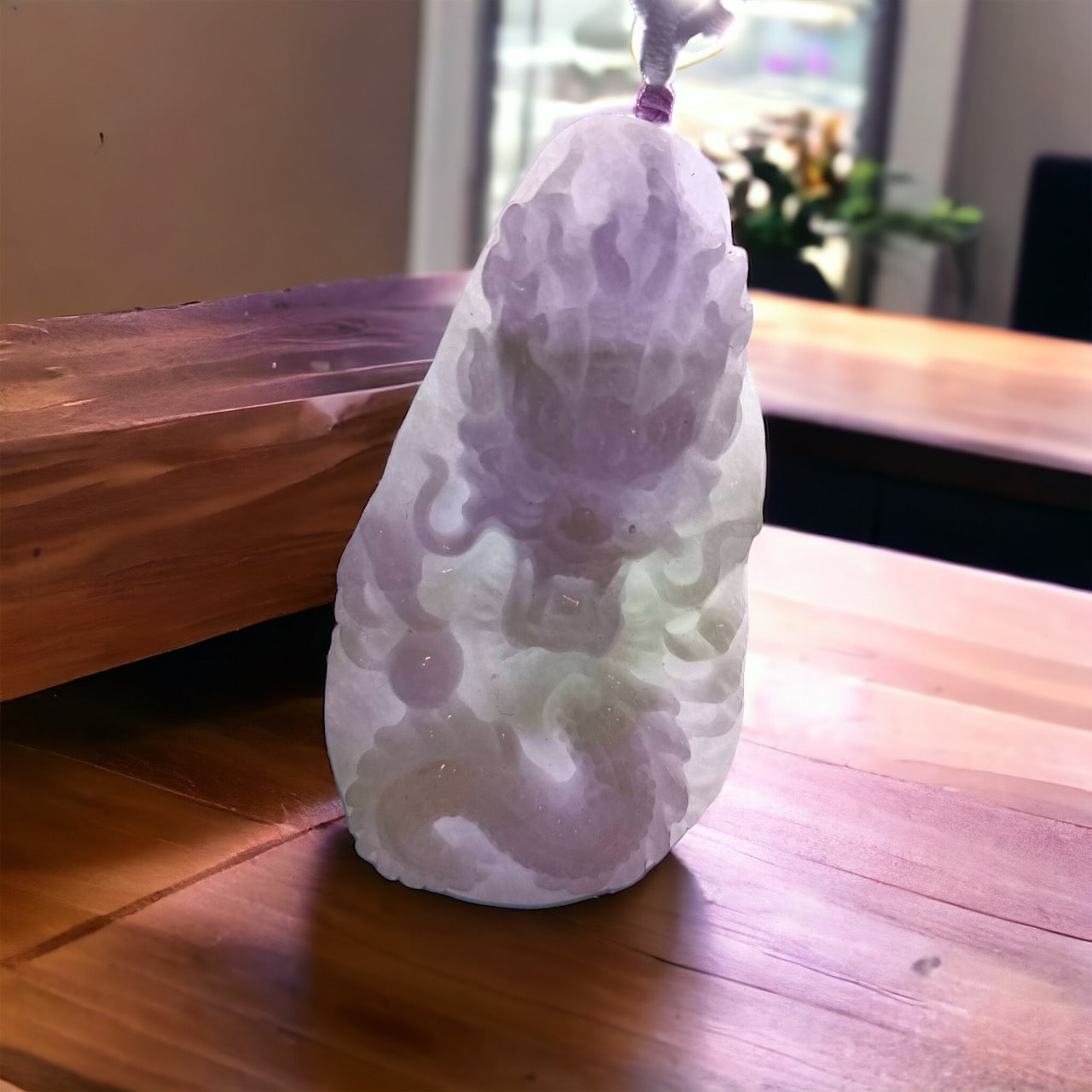 #70 Mason-Kay Certified Natural Lavender Green Burma Jadeite Jade Dragon Pendant