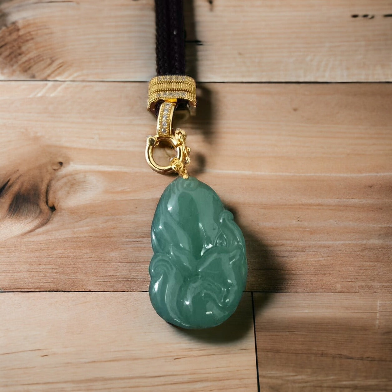 #3 GIA Certified Natural Green Burma Jadeite Jade Nine-Tailed Fox Pendant with an 18K Gold Bail