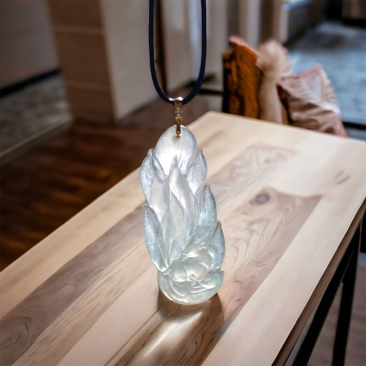 #36 collector's piece - GIA Certified Natural Burma Jadeite, an icy semi-transparent 9-Tailed Fox pendant with an 18K yellow gold bail