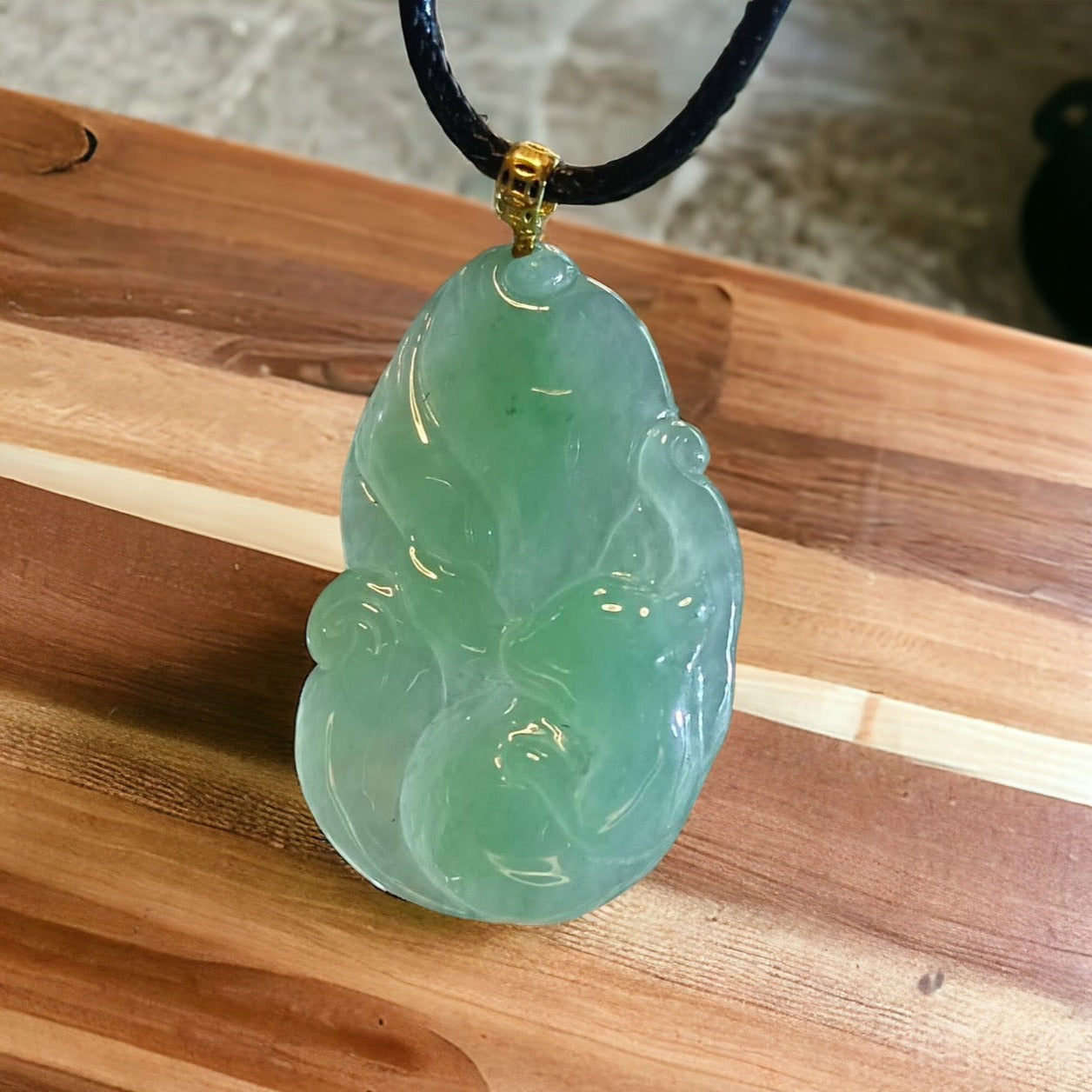 #3 GIA Certified Natural Green Burma Jadeite Jade Nine-Tailed Fox Pendant with an 18K Gold Bail