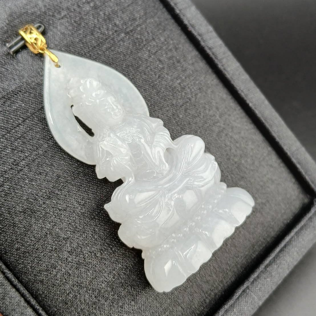 #944 Burma White Jadeite Guanyin Pendant with 18 Karat Yellow Gold Bail and Display