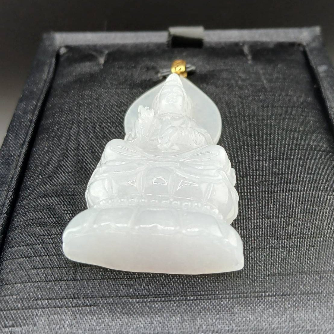 #944 Burma White Jadeite Guanyin Pendant with 18 Karat Yellow Gold Bail and Display