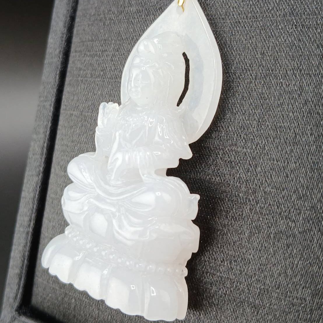 #944 Burma White Jadeite Guanyin Pendant with 18 Karat Yellow Gold Bail and Display