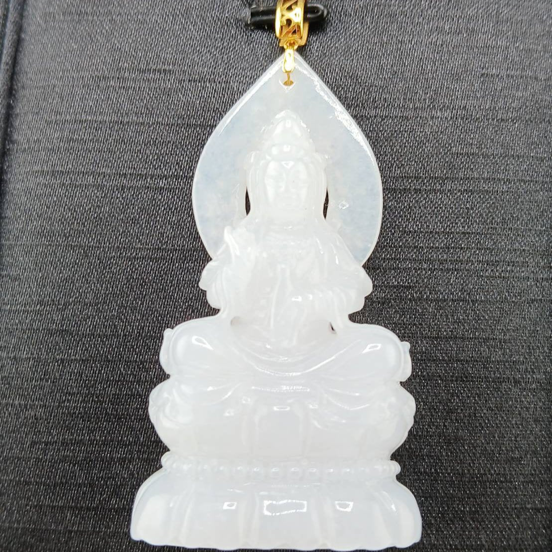 #944 Burma White Jadeite Guanyin Pendant with 18 Karat Yellow Gold Bail and Display