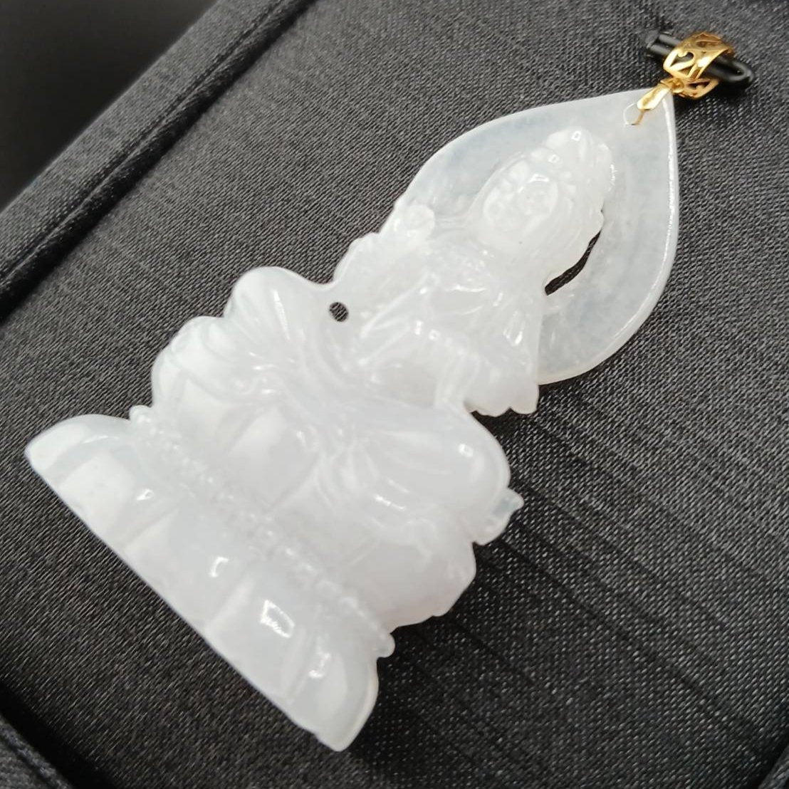 #944 Burma White Jadeite Guanyin Pendant with 18 Karat Yellow Gold Bail and Display