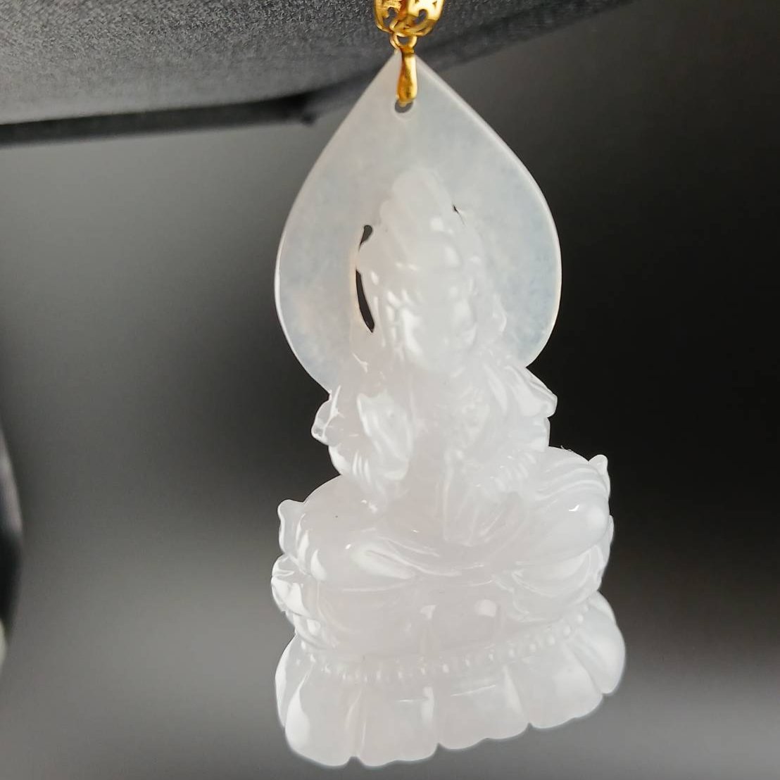 #944 Burma White Jadeite Guanyin Pendant with 18 Karat Yellow Gold Bail and Display