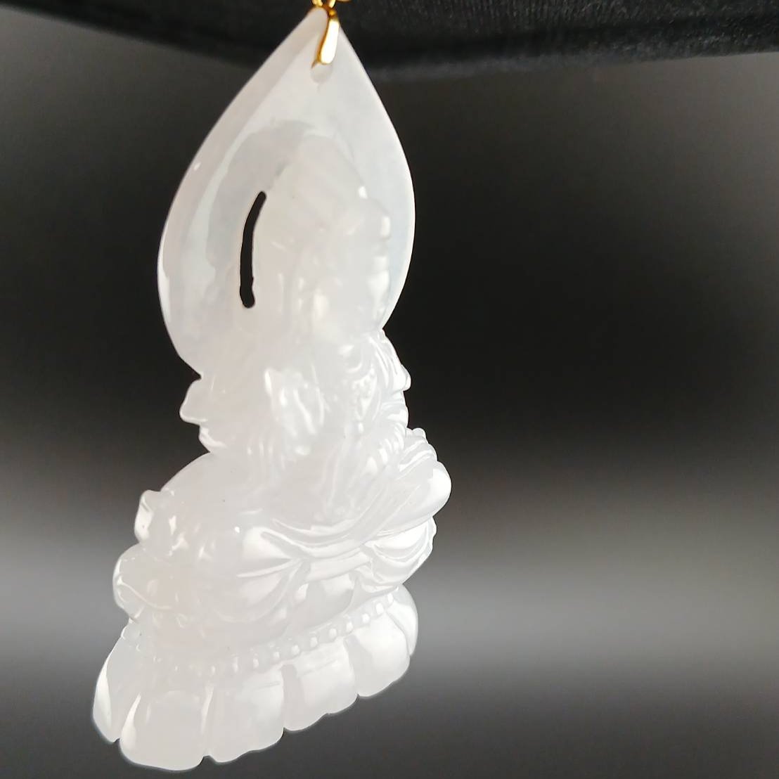 #944 Burma White Jadeite Guanyin Pendant with 18 Karat Yellow Gold Bail and Display