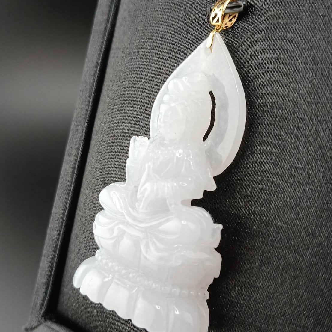 #944 Burma White Jadeite Guanyin Pendant with 18 Karat Yellow Gold Bail and Display