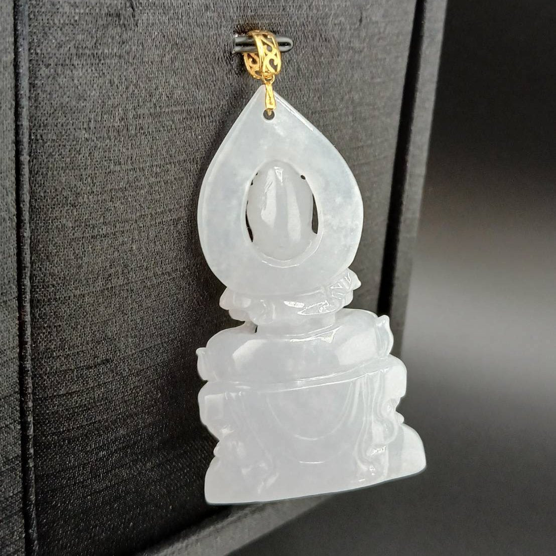 #944 Burma White Jadeite Guanyin Pendant with 18 Karat Yellow Gold Bail and Display