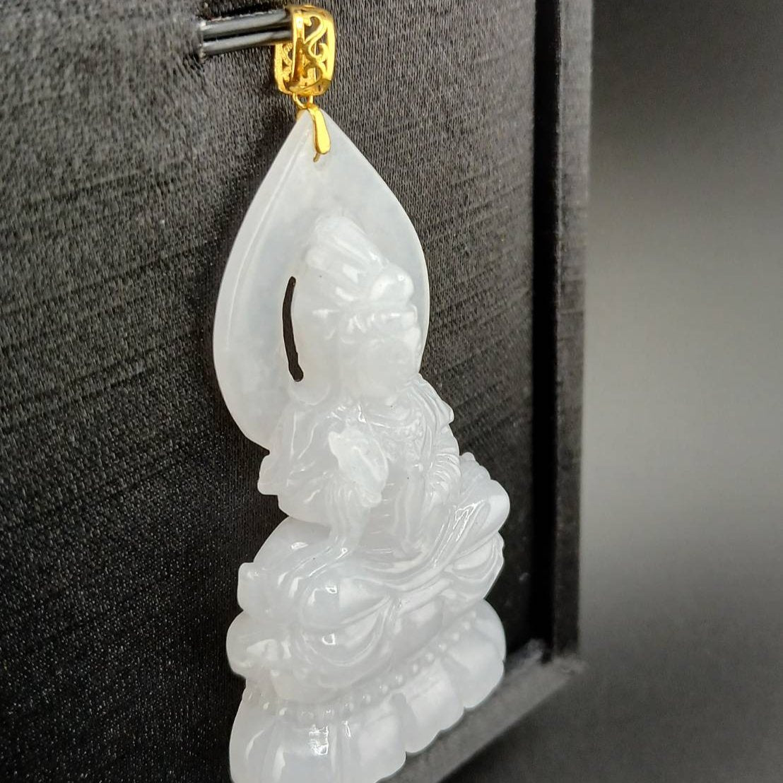 #944 Burma White Jadeite Guanyin Pendant with 18 Karat Yellow Gold Bail and Display