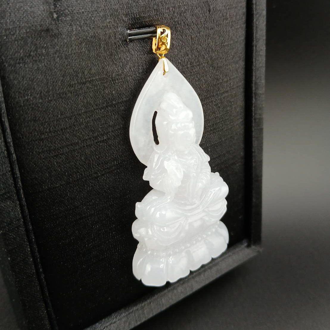 #944 Burma White Jadeite Guanyin Pendant with 18 Karat Yellow Gold Bail and Display