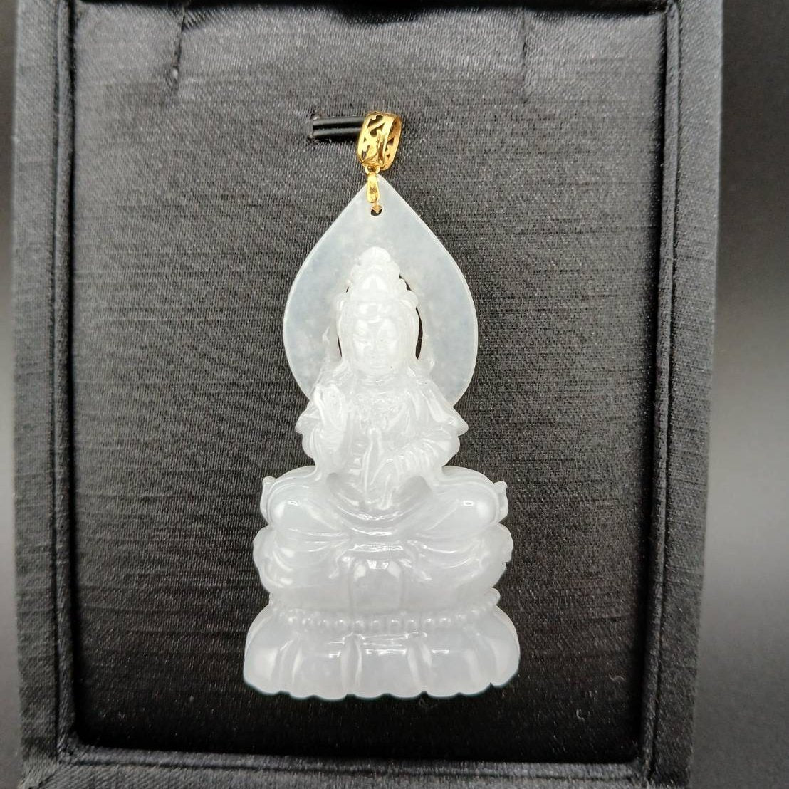 #944 Burma White Jadeite Guanyin Pendant with 18 Karat Yellow Gold Bail and Display