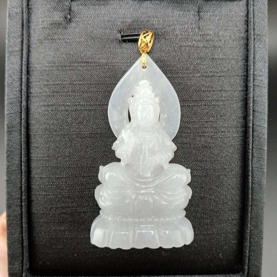 #944 Burma White Jadeite Guanyin Pendant with 18 Karat Yellow Gold Bail and Display