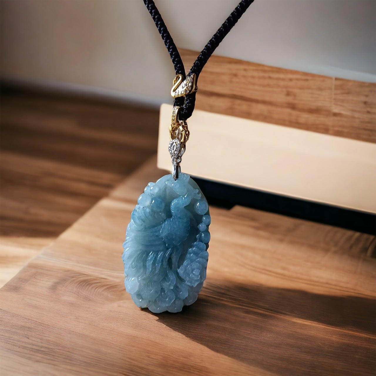 #228 GIA Certified Icy Translucent Purple Blue Burma Jadeite Jade Phoenix Pendant with 18K Yellow Gold Bail