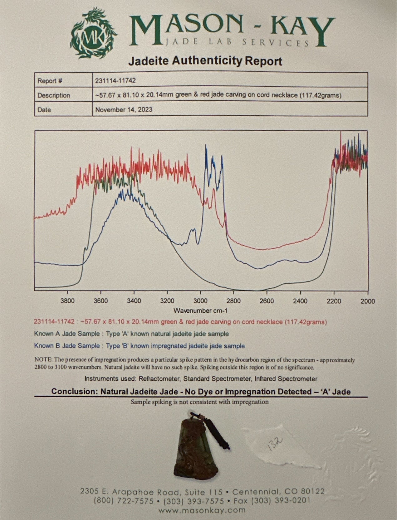 #132 Mason-Kay Certified Natural Red Burma Jadeite Jade Phoenix Pendant