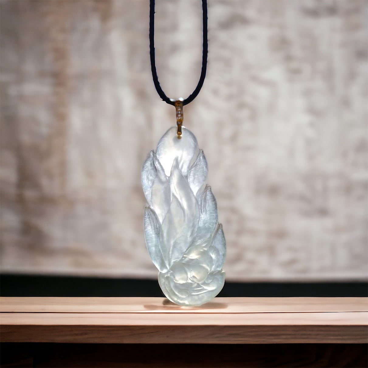 #36 collector's piece - GIA Certified Natural Burma Jadeite, an icy semi-transparent 9-Tailed Fox pendant with an 18K yellow gold bail