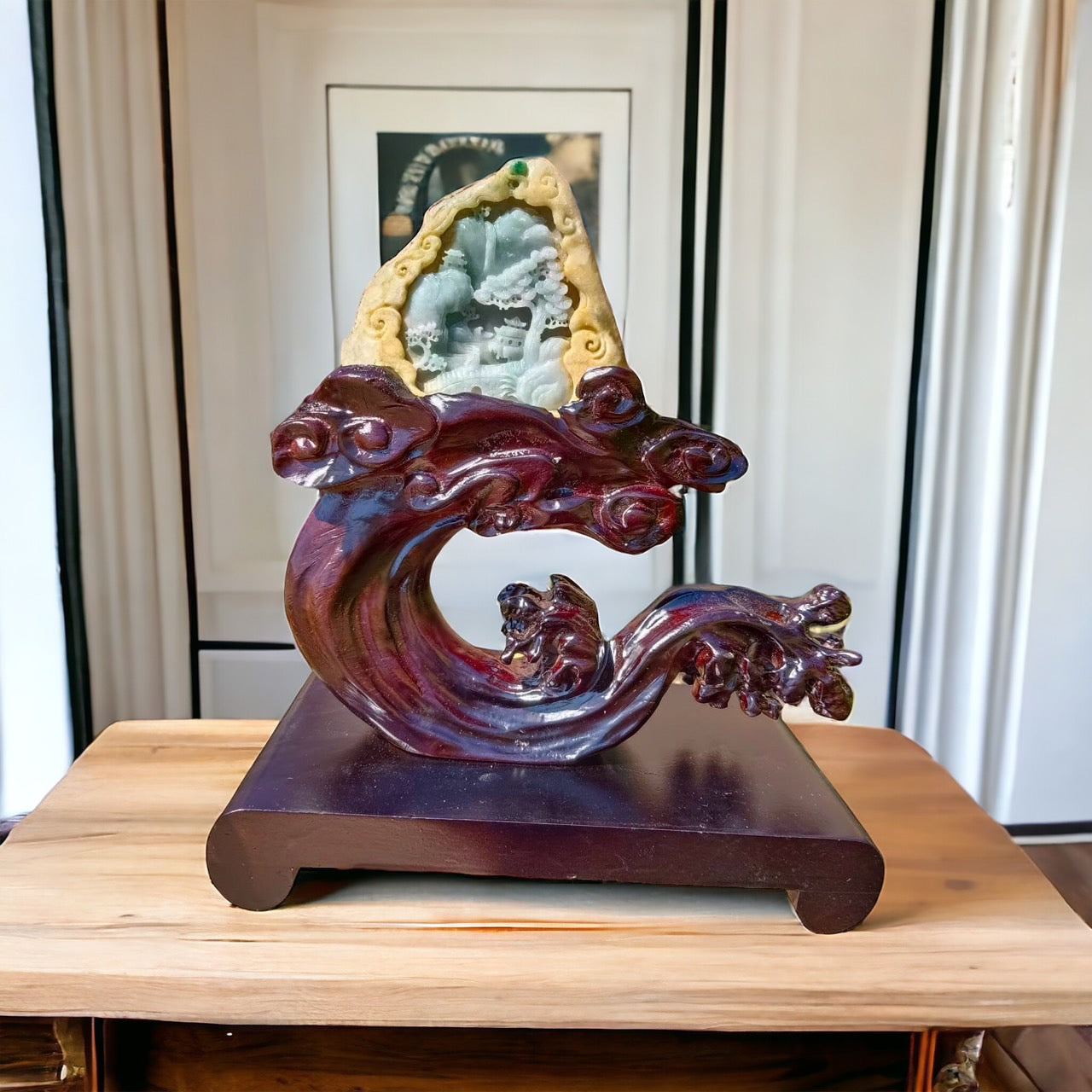 #630 AGL Certified Light Green Burma Jadeite Landscape Statuary with Yellow Skin and Customized Solid Wooded Base