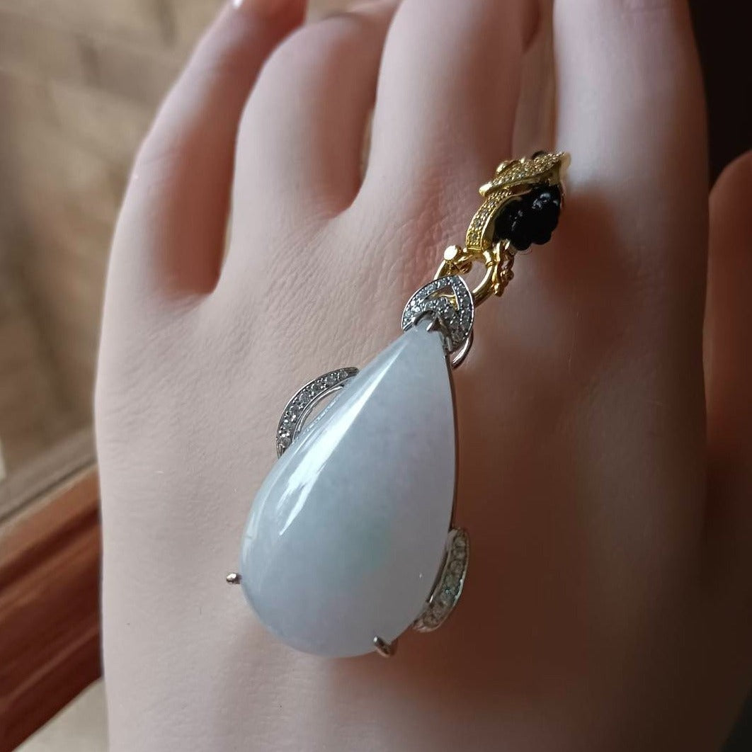 #155 GIA Certified Translucent Light Lavender Slashed Green Burma Jadeite - Water Droplet Pendent with 18K White Gold and Diamonds Setting