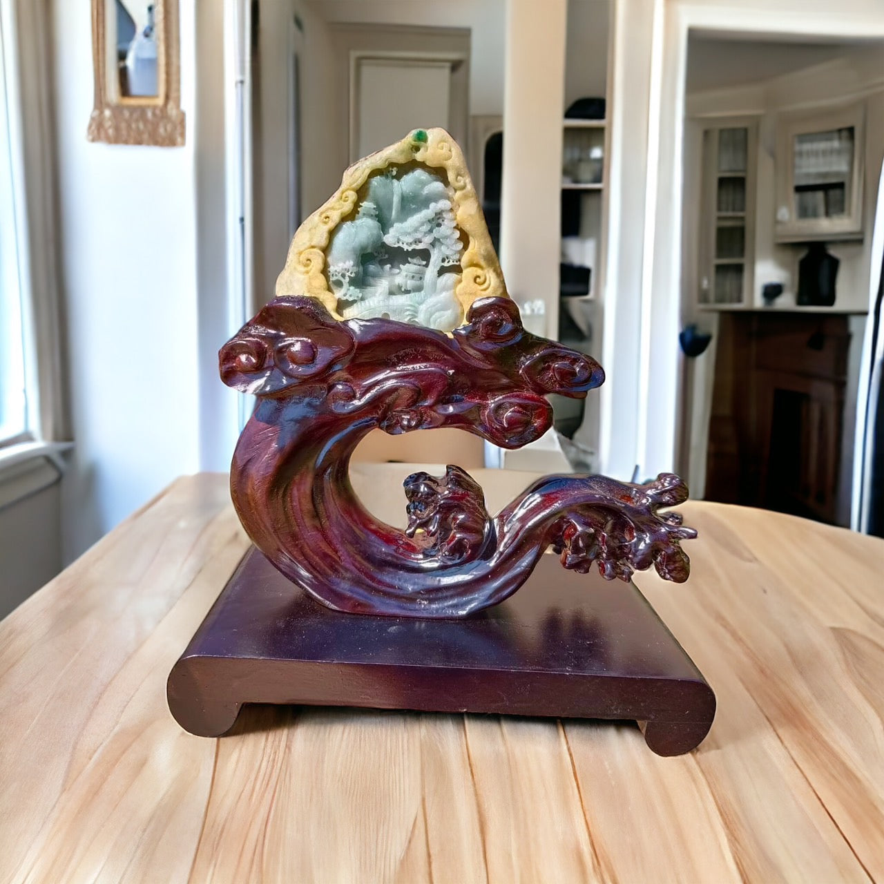 #630 AGL Certified Light Green Burma Jadeite Landscape Statuary with Yellow Skin and Customized Solid Wooded Base