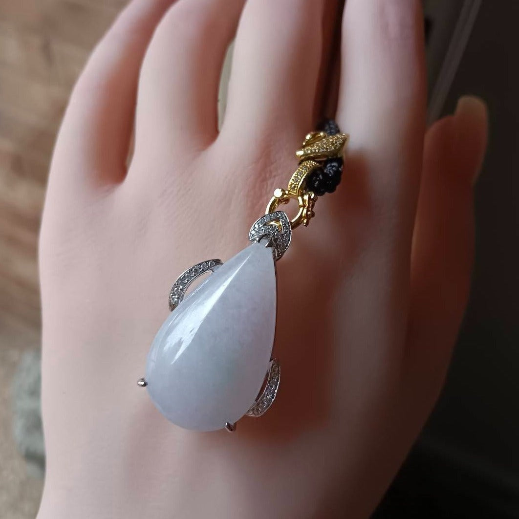 #155 GIA Certified Translucent Light Lavender Slashed Green Burma Jadeite - Water Droplet Pendent with 18K White Gold and Diamonds Setting