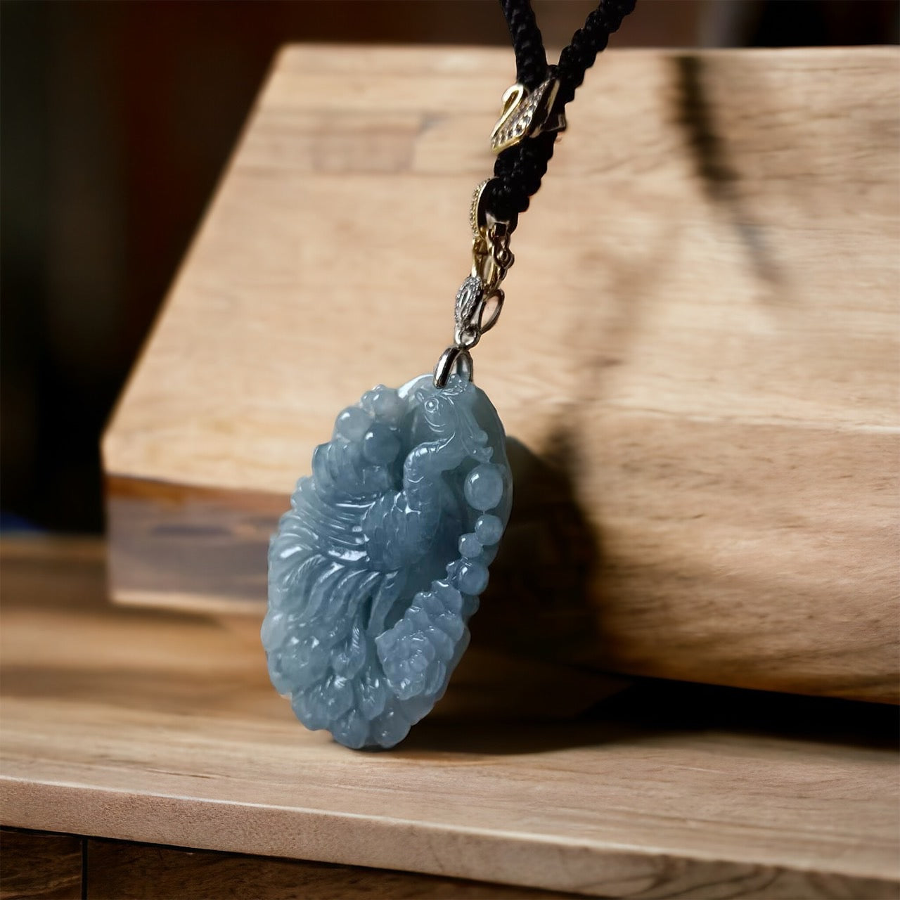 #228 GIA Certified Icy Translucent Purple Blue Burma Jadeite Jade Phoenix Pendant with 18K Yellow Gold Bail