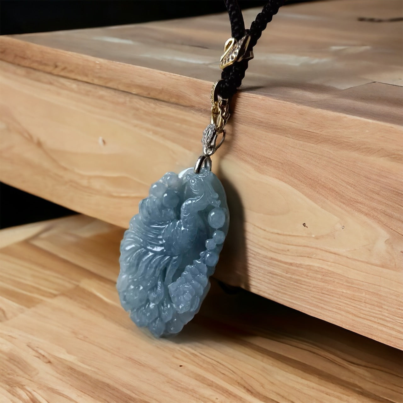 #228 GIA Certified Icy Translucent Purple Blue Burma Jadeite Jade Phoenix Pendant with 18K Yellow Gold Bail