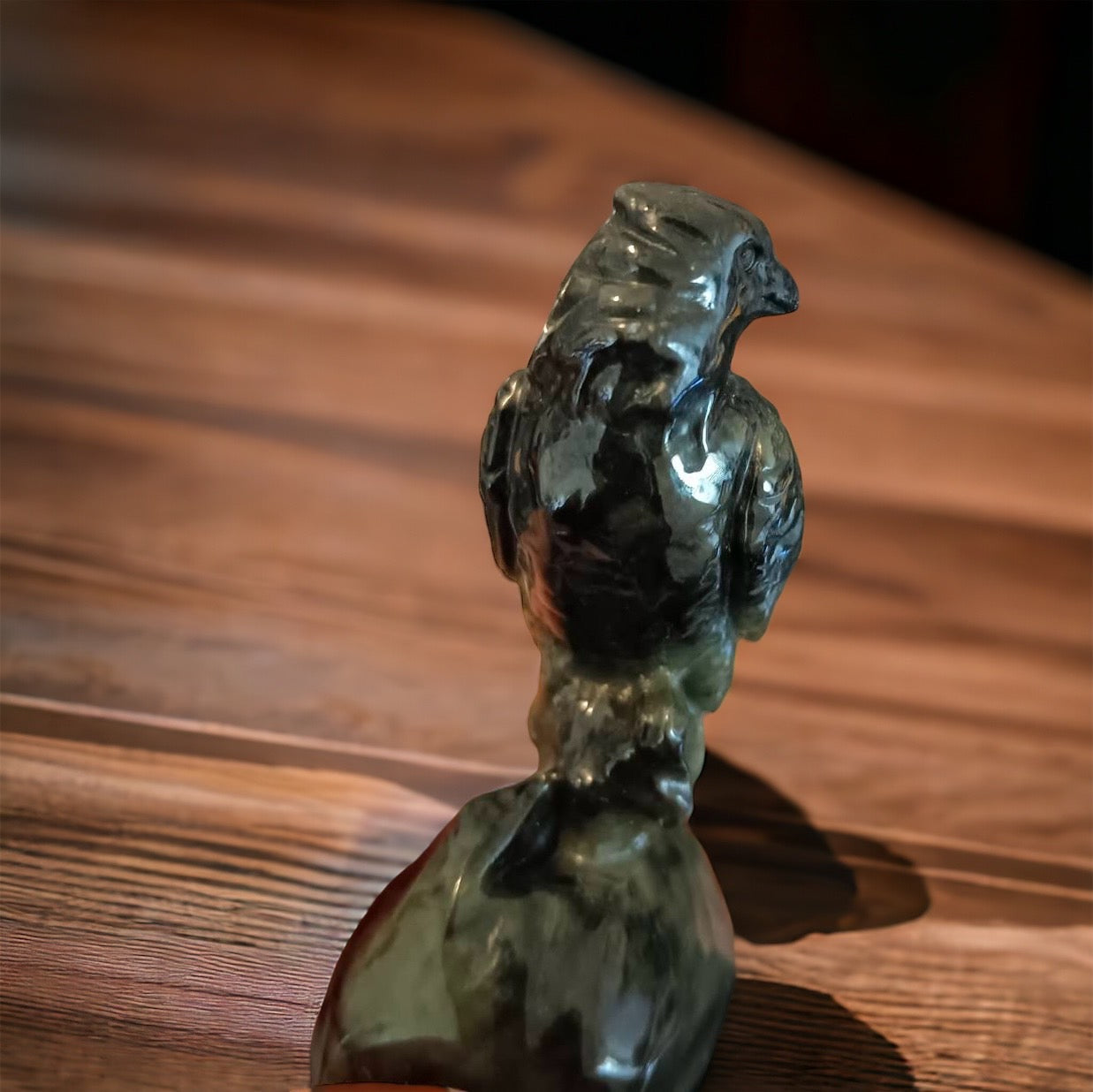 #58 Mason-Kay Certified Green and Black Burma Jadeite Jade Hawk Figurine