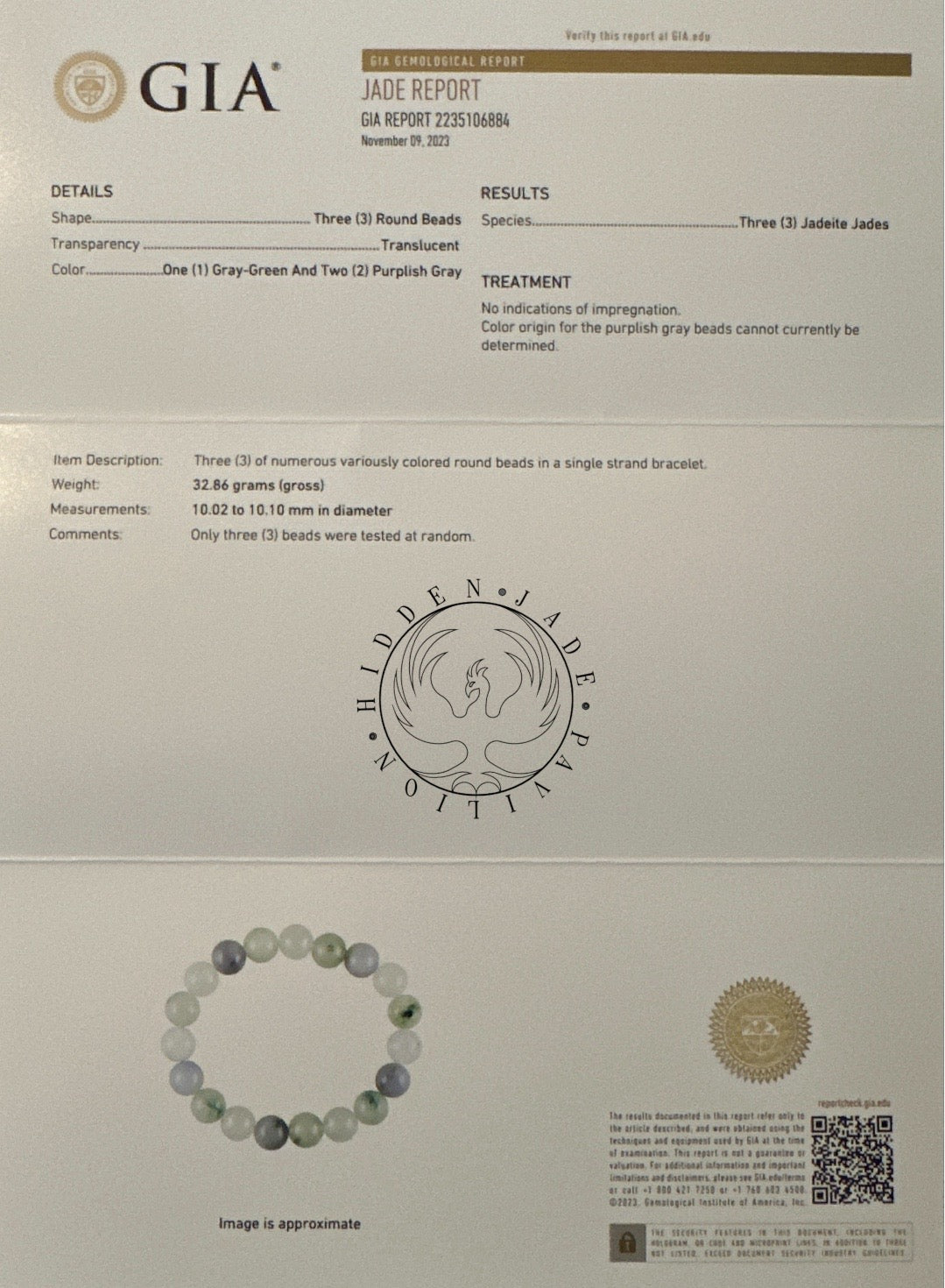 #186 GIA Certified Natural Burma Icy Translucent Morandi-Colors Jadeite Round Bead Bracelet, 10+ mm