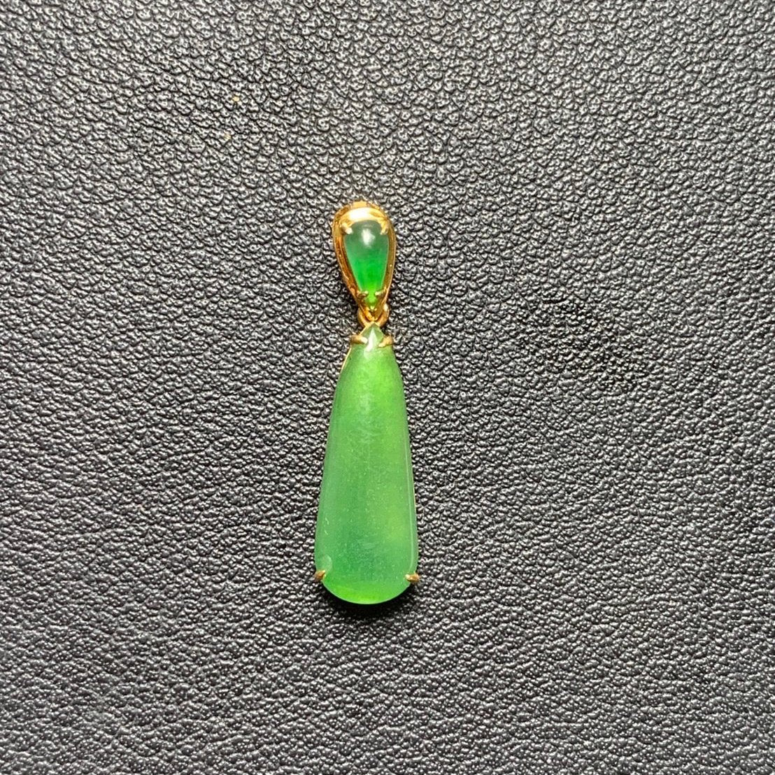 #831 GIA Certified Translucent Burma Jadeite Green Water Droplet Pendant in 18 K Yellow Gold Setting