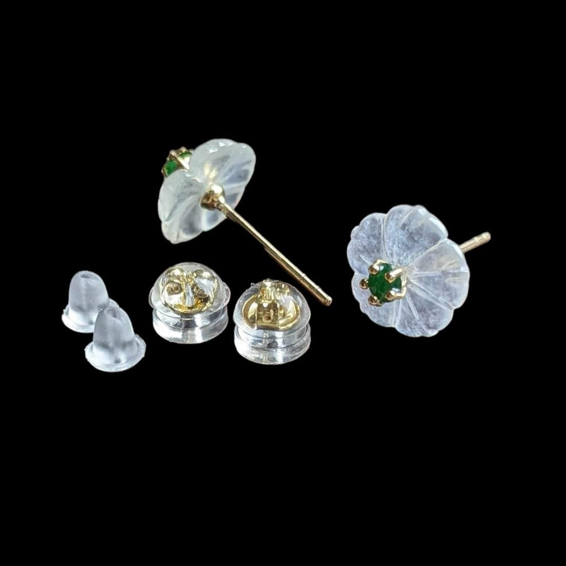 #96 Mason-Kay Certified Icy White and Imperial Green Natural Burma Jadeite Jade Flower Stud Earrings with 18K Yellow Gold set