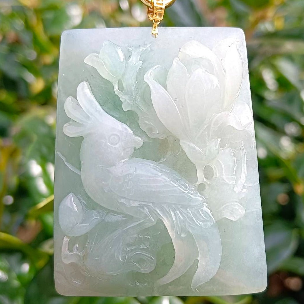 #159 GIA Certified Natural Jadeite Jade Parrot and Peonies Pendant with 18K Yellow Gold