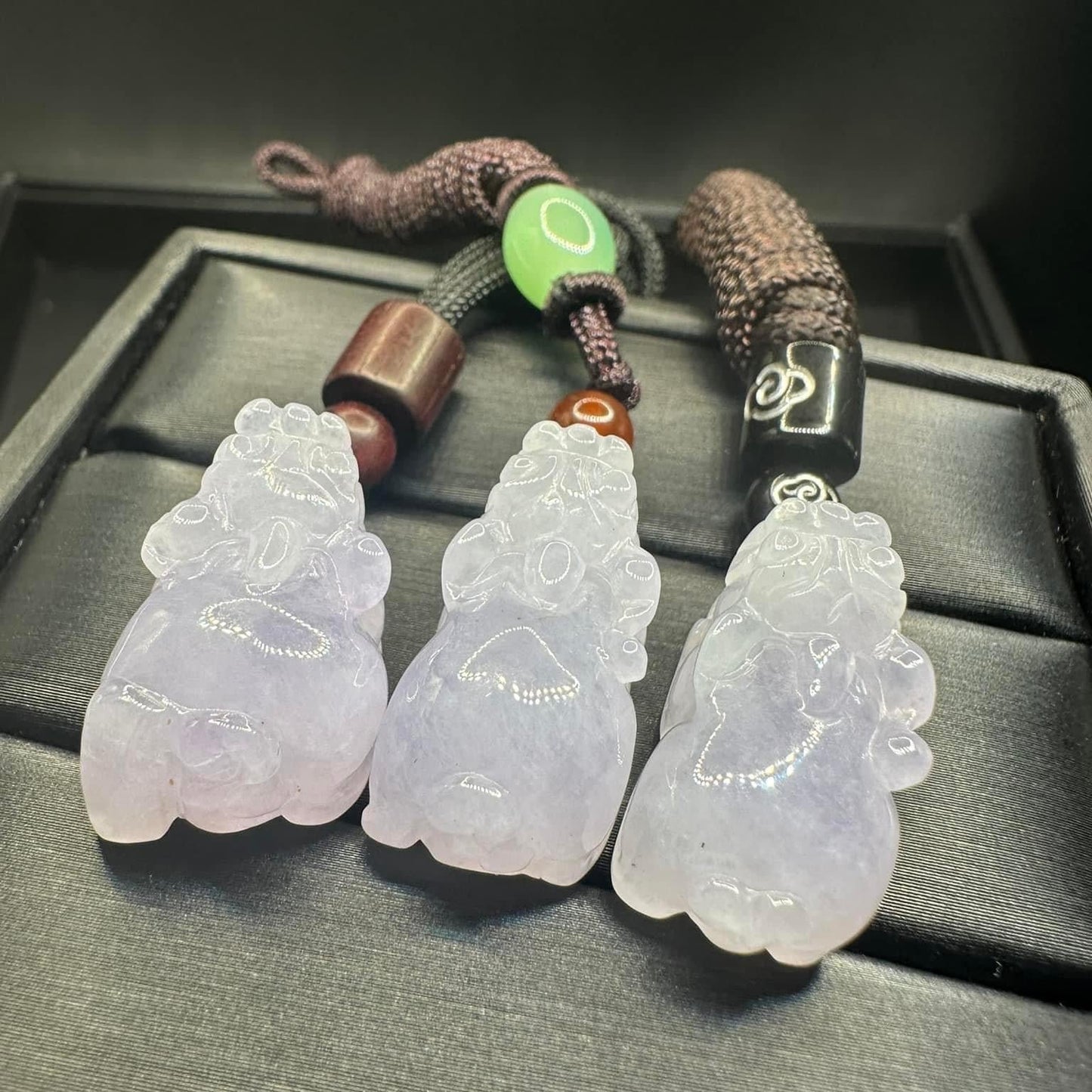 #848, the AGL Certified Natural Translucent Lavender Burma Jadeite Pixiu Triplets Pendants