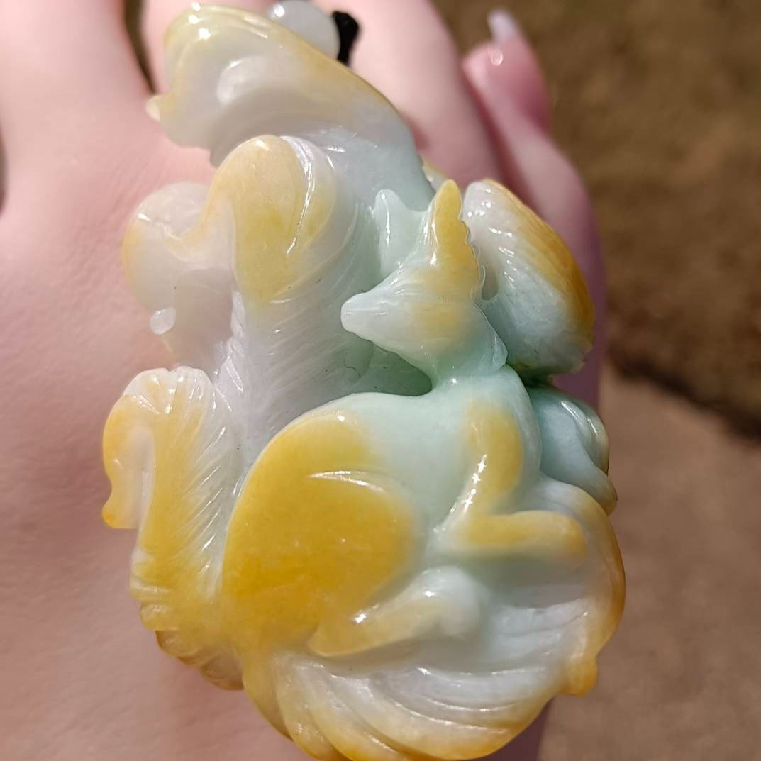 #81 Mason-Kay Certified Natural Jadeite Jade Tri-Color 9-Tailed Fox Pendant