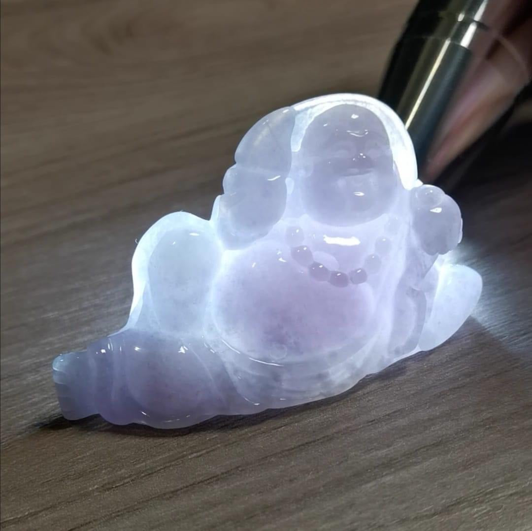 #363 GIA Certified Icy Translucent Lavender Burma Jadeite Jade Happy Buddha Figurine