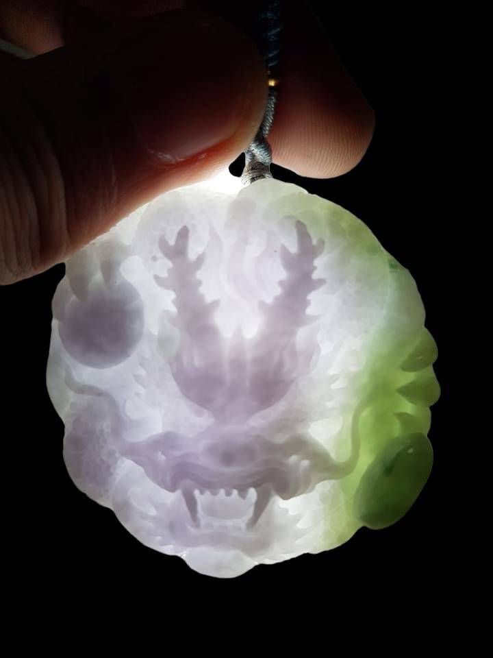 #817 AGL Certified Natural Green and Lavender Translucent Burma Jadeite, Dragon Pendant