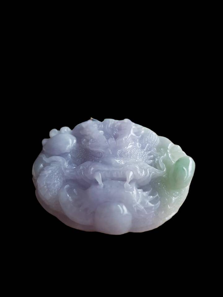 #817 AGL Certified Natural Green and Lavender Translucent Burma Jadeite, Dragon Pendant