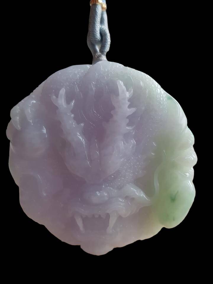 #817 AGL Certified Natural Green and Lavender Translucent Burma Jadeite, Dragon Pendant