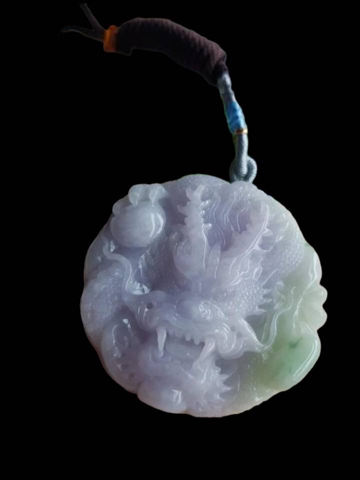 #817 AGL Certified Natural Green and Lavender Translucent Burma Jadeite, Dragon Pendant