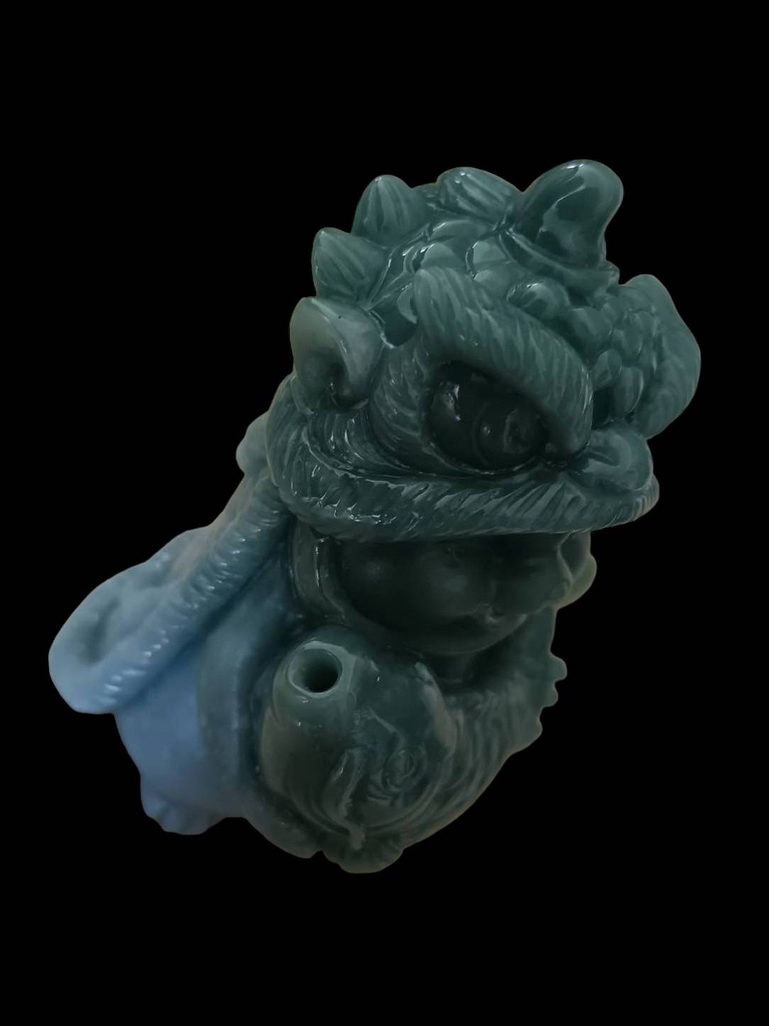 #827 Natural Guatemala Jadeite, Cat Dressed in Lion Costume Holding a Fish Figurine/Display