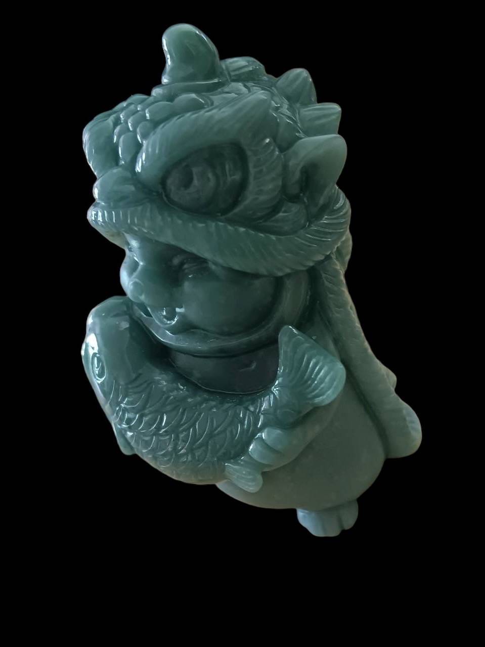 #827 Natural Guatemala Jadeite, Cat Dressed in Lion Costume Holding a Fish Figurine/Display