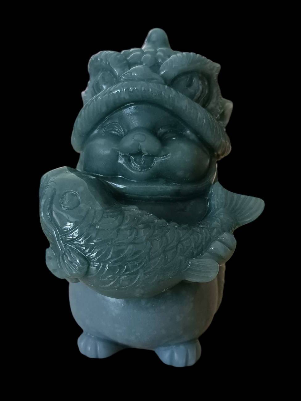 #827 Natural Guatemala Jadeite, Cat Dressed in Lion Costume Holding a Fish Figurine/Display