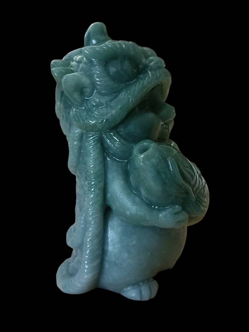 #827 Natural Guatemala Jadeite, Cat Dressed in Lion Costume Holding a Fish Figurine/Display