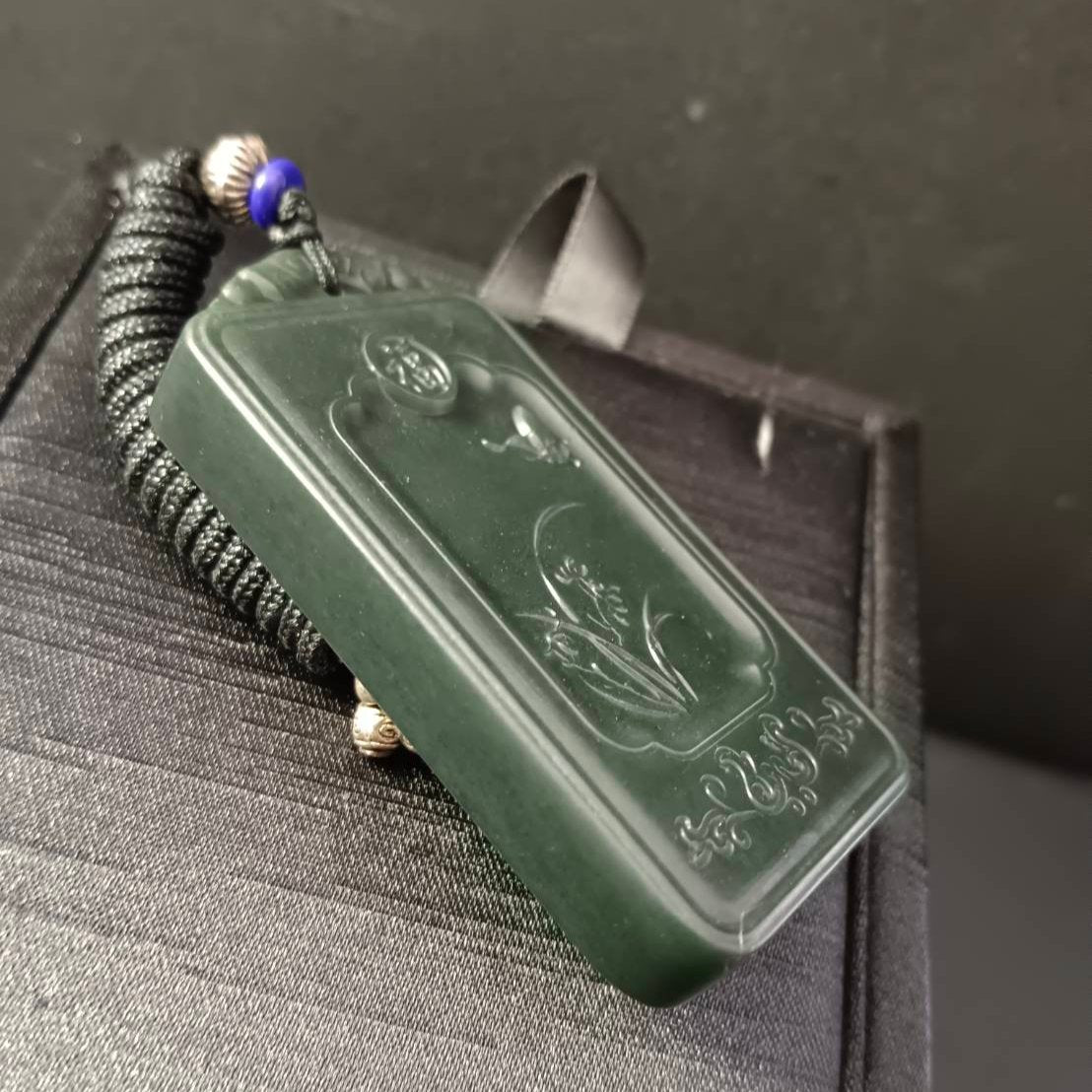 #862 AGL Certified Dark Green Hetian Nephrite Jade "Four Gentlemen-Orchid" Pendant