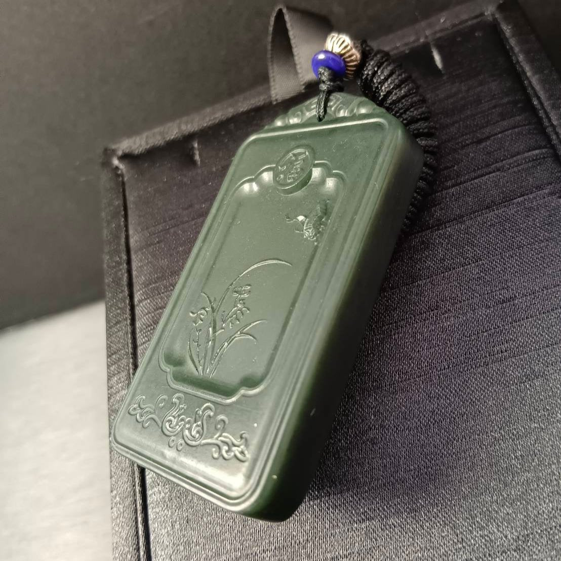 #862 AGL Certified Dark Green Hetian Nephrite Jade "Four Gentlemen-Orchid" Pendant