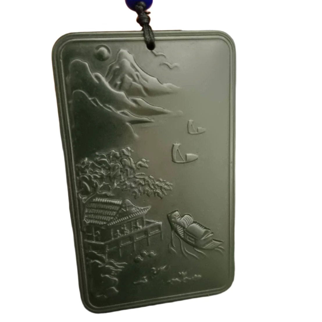 #865 AGL Certified Dark Green Hetian Nephrite Jade, Landscape Pendant