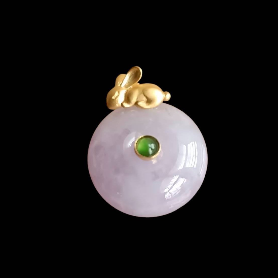 #808 AGL Certified Icy Translucent Lavender Burma Jadeite, Golden Bunny Thick Donut Pendant