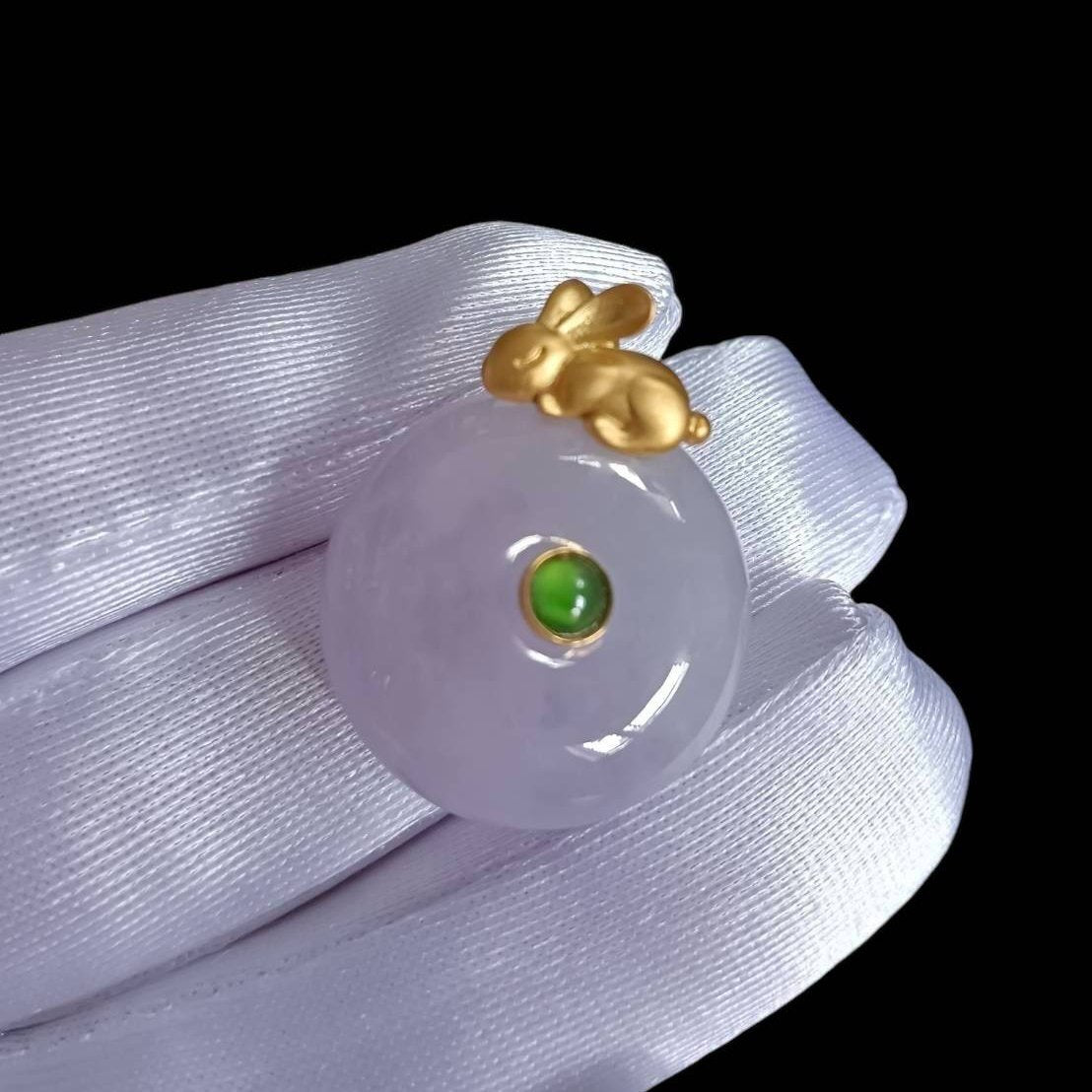 #808 AGL Certified Icy Translucent Lavender Burma Jadeite, Golden Bunny Thick Donut Pendant