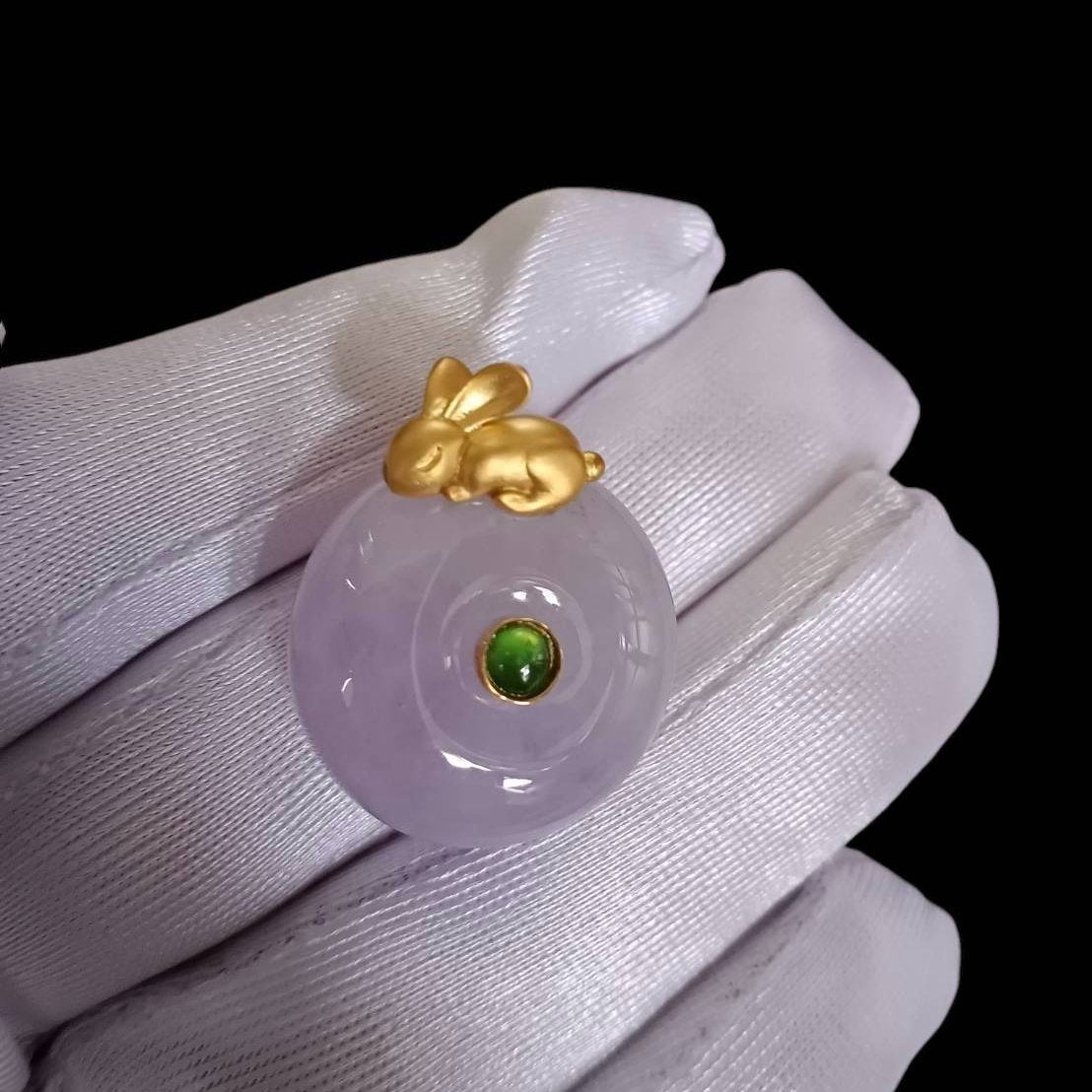 #808 AGL Certified Icy Translucent Lavender Burma Jadeite, Golden Bunny Thick Donut Pendant