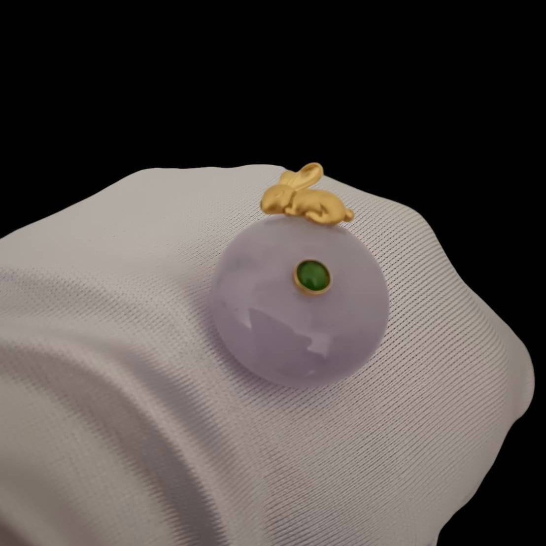 #808 AGL Certified Icy Translucent Lavender Burma Jadeite, Golden Bunny Thick Donut Pendant